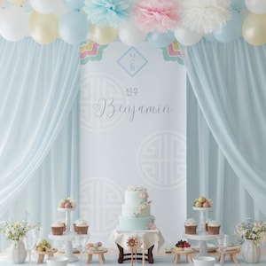 May include: A light wood table is set for a celebration, adorned with a cake, cupcakes, and floral arrangements. Pastel blue drapes and a banner with the name "Benjamin" create a soft backdrop. Balloons and paper flowers in pastel colors complete the festive scene.