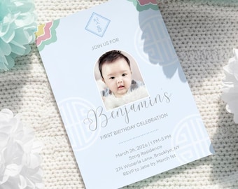 Boy Korean First Birthday Invitation – Digital Canva Template-Korean Motif | Doljanchi Invite | Editable & Instant Download