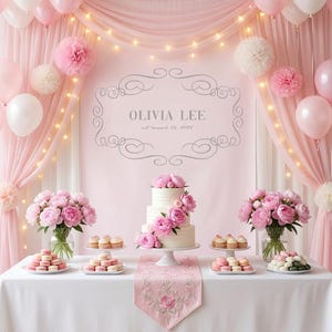 May include: A pink and white party scene with balloons, a cake, and floral arrangements. The backdrop features a pink curtain, string lights, and the text "OLIVIA LEE". A table displays desserts and a floral runner.
