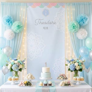 Boy Korean 1st Birthday Doljanchi Party Banner Backdrop Template | Korean Norigae Motif (Canva Editable)