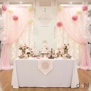 Girl Korean 1st Birthday Doljanchi Party Banner Backdrop Template | Modern Korean Motif (Canva Editable)