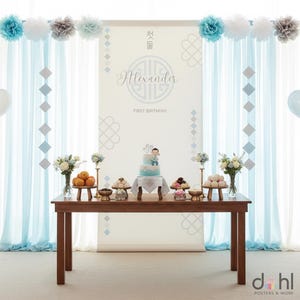 Boy Korean 1st Birthday Doljanchi Party Banner Backdrop Template | Modern Korean Motif (Canva Editable)