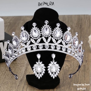 Luxury Rhinestone Bridal Crown and Earrings: Silver Crystal Tiara