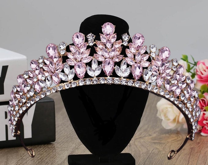 Diadem Wedding Vintage Baroque Pink Silver Gold Royal Jewelry Set Pageant Crown Queen Gorgeous Quinceanera Tiara Sweet 16 Bridal Accessories