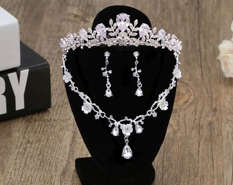 Silver Wedding Tiara Jewelry Set: Cubic Zircon Quinceanera Crown