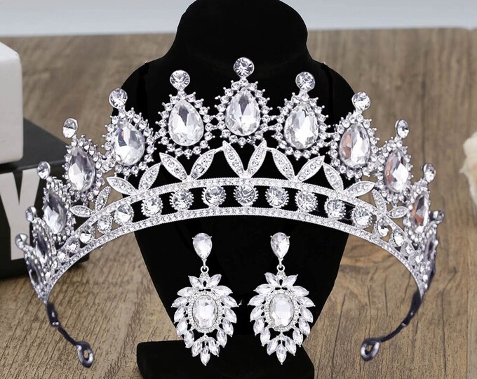 Luxury Rhinestone Beads Bridal Crown Tiaras - Silver Color Crystal Diadem Tiaras Bride Headbands, Wedding Hair Accessories, Tiara, Earrings