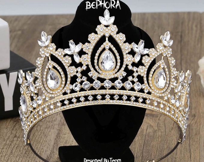 Tall Queen Bridal Tiara - Crystal Tiara, Gold Crystal Wedding Crown, Quinceanera Crown, Bridal Crown Tiara,Royal Wedding Tiara,Wedding Tiara