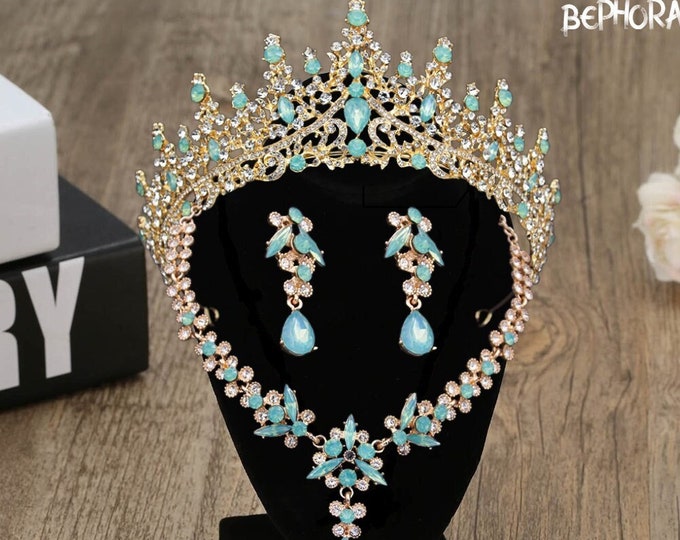 NEW Regal Green Opal Quinceanera Crown - Matching Tiara, Necklace, Earrings Set for Bridal and Sweet 15 Celebrations or Wedding Accessory