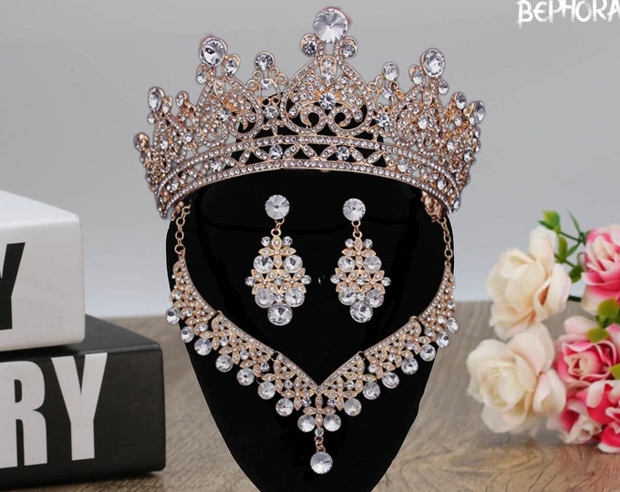 BEPHORA Handmade Princess 2023 Jewelry Sets Large Full Circle Rhinestones Earrings Necklace Crown Bridal Hair Jewelry Wedding Gold tiara