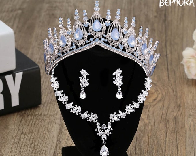 Light Blue Opal Bridal Tiara - Quinceanera Crown, Sweet 15 Crown, Baby Blue Quince Crown, Opal Jewelry Set Necklace Earrings, Wedding Set