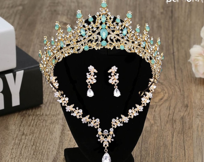 Opal Bridal Tiara Set - NEW Light Green Quinceanera Crown with Matching Jewelry, Elegant Wedding Accessory for Brides & Sweet 15 Gifts Green