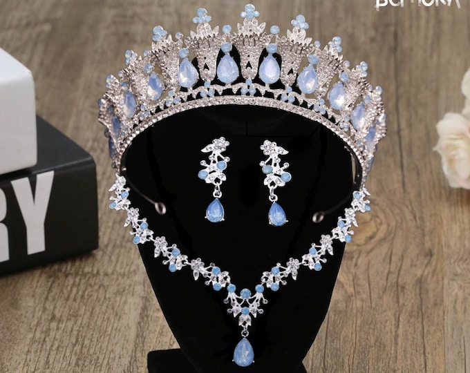 Blue Opal Bridal Tiara and Jewelry Ensemble - Luxurious Baby Blue Crown, Necklace, Earrings for Wedding or Sweet 15 - Quinceanera Gift Set