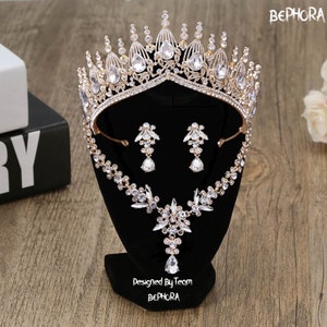 Gold Baroque Crystal Crown & Earrings: Bridal Headpiece Set