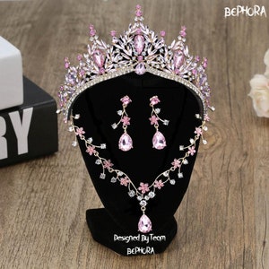 NEW Pink Baroque Crystal Quinceanera Crown - Pink Gold Tiara, Necklace Earrings, Bridal Jewelry Set, Wedding Headpiece Crown, Prom Jewelry