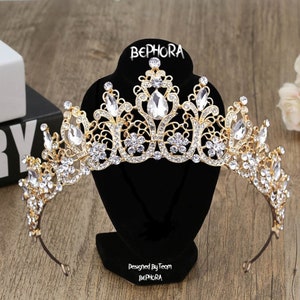 Gold Rhinestone Crown Tiara, Bridal Tiara, Prom Tiara, Quinceanera Tiara, Birthday Tiara, Wedding Crown, Princess Tiara, Quinceanera Tiara