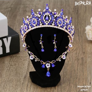 Conjunto de joias diadema para casamento, azul, rosa, dourado claro, coroa, colar, brincos, linda tiara para quinze anos, acessórios para noivas