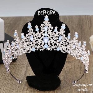 Blue Opal Bridal Tiara Set: Crystal Quinceanera Crown, Necklace & Earrings