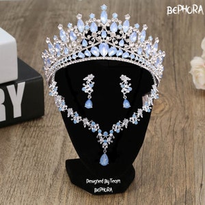 Light Blue Opal Bridal Tiara - Quinceanera Crown, Sweet 15 Crown, Baby Blue Quince Crown, Opal Jewelry Set Necklace Earrings, Wedding Set