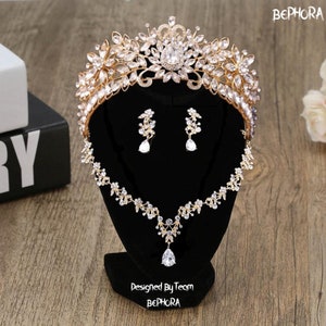 Gold Baroque Crystal Crown Earring Set: Bridal Headpiece