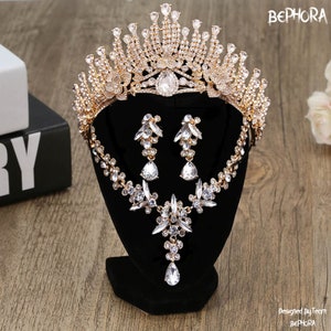 Gold Baroque Crystal Bridal Crown and Earrings Set