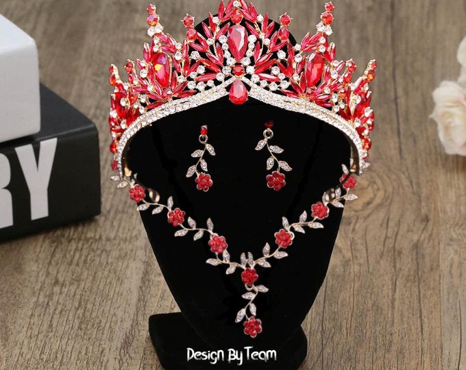 RED Baroque Crystal Quinceanera 16 Crown, RED Gold Tiara, Necklace and Earrings, Bridal Jewelry Set, Wedding Headpiece Crown, Prom Jewelry