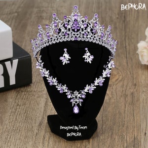 Purple Crystal Bridal Tiara: Silver Crown Necklace Earrings Set