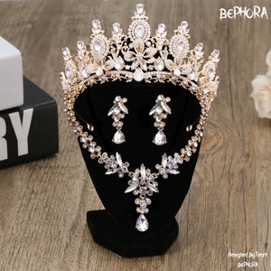 Gold Baroque Crystal Crown & Earring Set: Bridal Headpiece