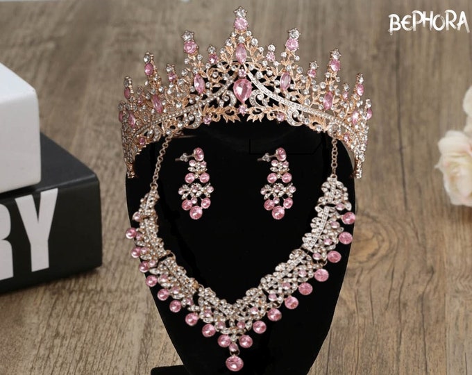 Light Pink Gold Bridal Tiara - Quinceanera Crown, Sweet 15 Crown, Baby Pink Quince Crown, Pink Jewelry Set Necklace Earrings, Wedding Set
