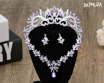 Purple Crystal Quinceanera Crown Jewelry Set: Cosplay Sweet 16