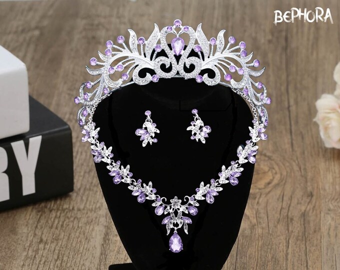 NEW Stunning BEPHORA Purple Quinceanera Crown and Jewelry - Necklace, Earrings, Bracelet Included - Ideal for Cosplay & Birthday Sweet 16