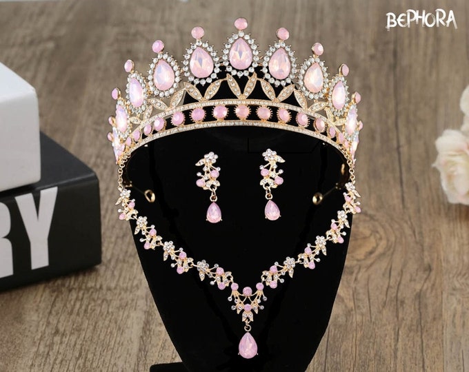 Light Pink Opal Bridal Tiara - Quinceanera Crown, Sweet 15 Pink Crown, Wedding Jewelry Set Necklace Earrings, Baby Pink Gift, Wedding Set