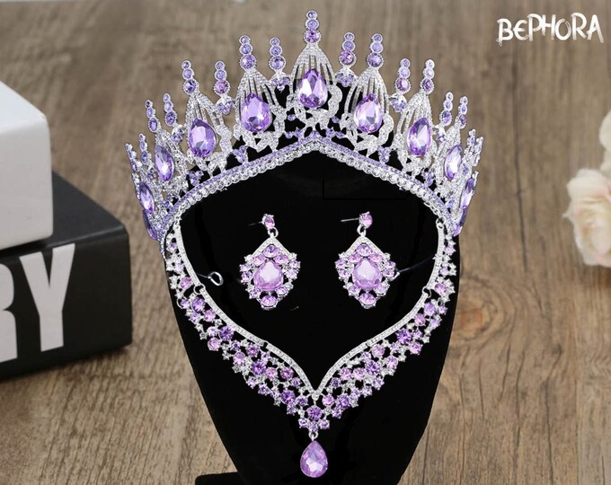 Stunning BEPHORA Purple NEW Quinceanera Crown and Jewelry - Necklace, Earrings, Bracelet Included - Ideal for Cosplay & Birthday Sweet 15