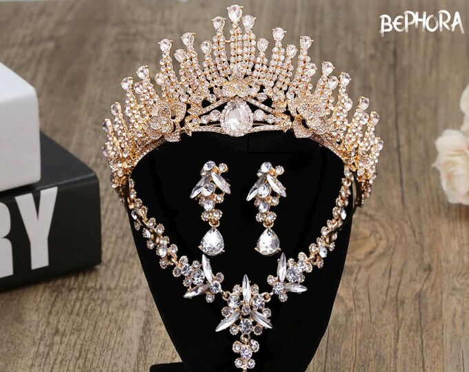 Gold Baroque Bridal Crown with Matching Earrings - Exquisite Wedding Accessory, Quinceanera Heirloom, Ultimate Prom Gift Set, Prom Queen
