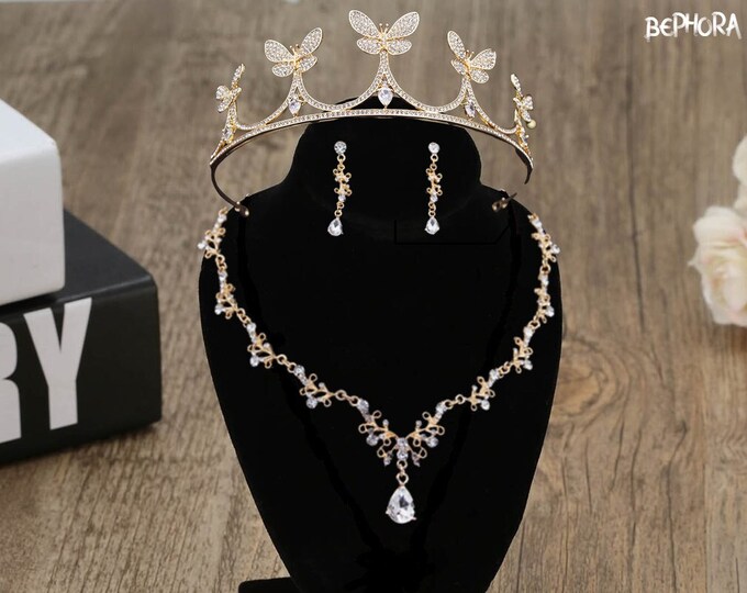 Luxurious Gold Crystal Butterfly Tiara - Floral Bridal Headpiece for Wedding & Quinceanera, Unique Prom Jewelry Gift, Perfect Wedding Gift