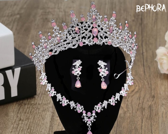 NEW Periwinkle Pink Opal Bridal Tiara - Light Pink Opal Jewelry Set for the Bride, Necklace Earrings, Light Blue Wedding Quinceanera gifts