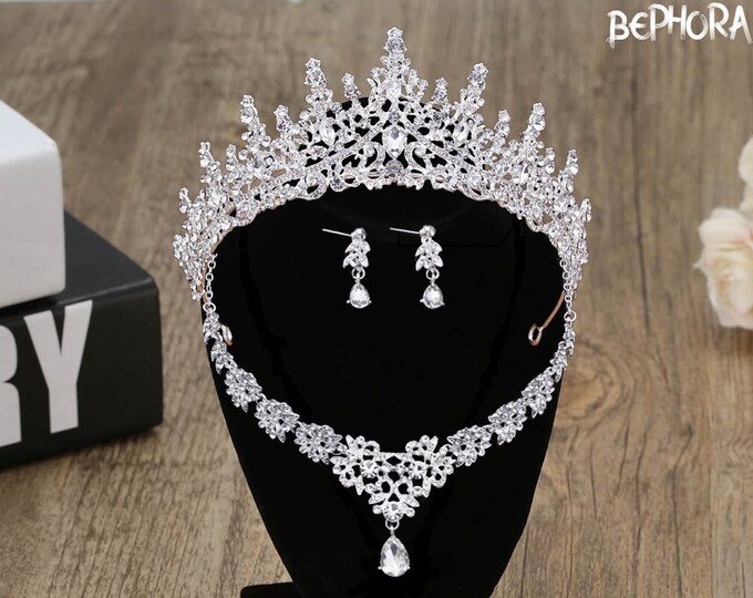BEPHORA Exquisite African Bead Bridal Set - Crystal Heart Tiara, Choker, Earrings - Luxurious Wedding Jewelry for Brides & Anniversary Gift