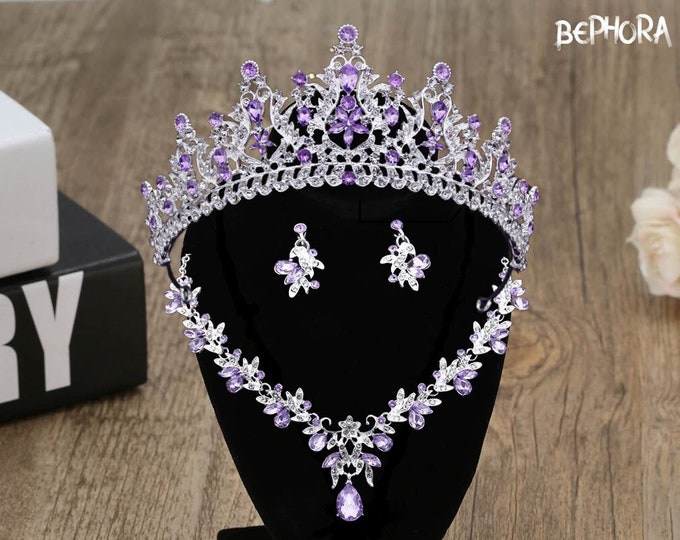 Elegant Purple Crystal Bridal Tiara - Lilac And Lavender, Silver Accents, Perfect for Quinceanera, Stunning Crown Necklace, Earrings Gift