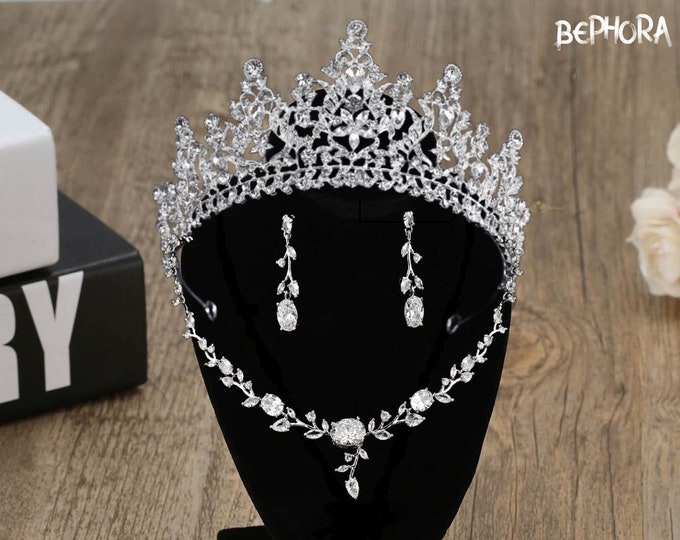 Diadem Wedding NEW Silver Crystal Flower Royal Jewelry Set Gift Pageant Crown Earrings Necklace Quinceanera Tiara Dress Bridal Accessories