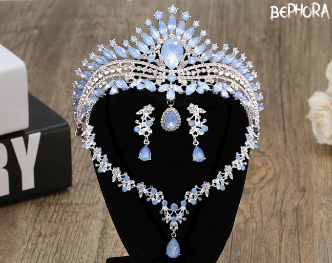 Light Blue Elegance Bridal Tiara - Quinceanera Crown, Baby Blue Sweet 15 Crown, Opal Jewelry Set Necklace Earrings, Wedding Set Gifts