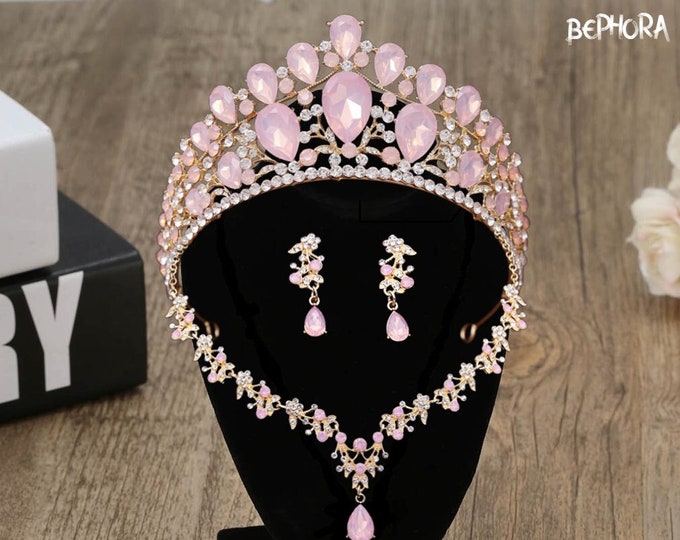 Light Pink Opal Bridal Tiara - Quinceanera Crown, Sweet 16 Crown, Baby Pink Quince Crown, Opal Jewelry Set Necklace Earrings, Wedding Set