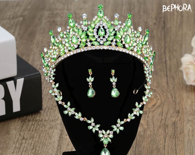 NEW Quinceanera Crown, Bridal Jewelry Set, Prom, Wedding Earrings, V Shape Necklace, Green Light Jewelry, Green Earrings, Green Light