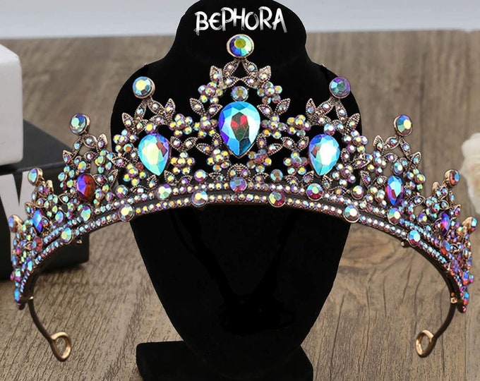 AB Bridal Silver Crown, Royal Crown, Wedding Crown, Wedding Headpiece, Diamond Crown, Diamond Tiara, Bridal Headpiece, Swarovski Tiara, AB
