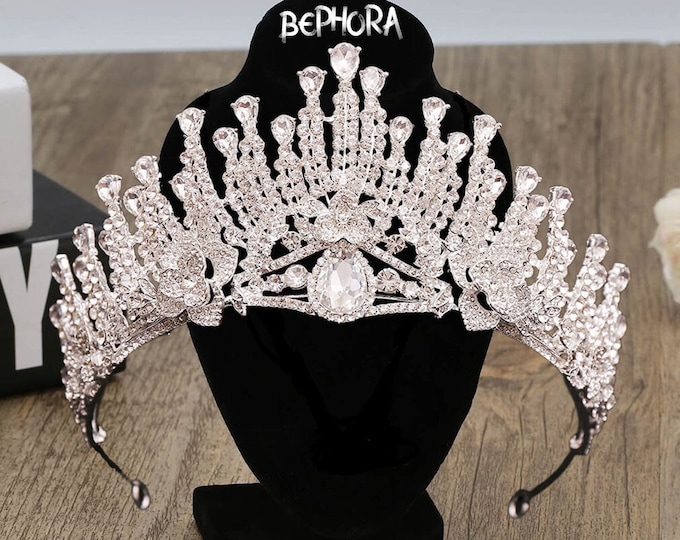 Diadem Wedding Flower Silver Gold Jewelry Set, Pageant Crown Necklace Earrings Set, Gorgeous Quinceanera Tiara Sweet 16, Bridal Accessories