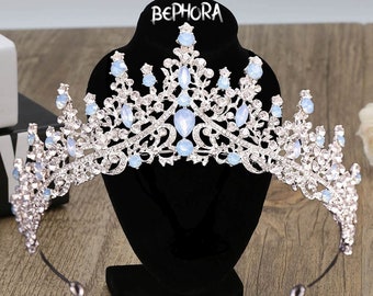 Blue Opal Bridal Tiara Set: Crystal Quinceanera Crown, Necklace & Earrings