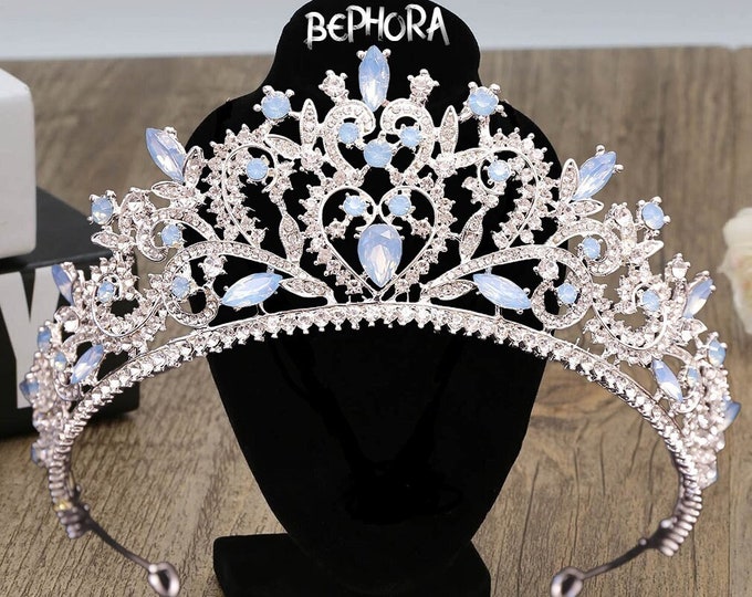 Light Blue Opal Bridal Tiara - Quinceanera Crown, Blue Opal Jewelry Set including Necklace and Earrings, Baby Blue Quince Crown, Sweet 15
