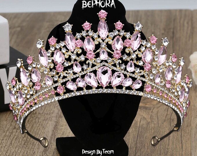 Wedding Crown, Baroque Luxury Pink Crystal Tears Bridal Tiaras Set Crown Rhinestone Pageant Diadem Headband Wedding Hair Accessories Tiara