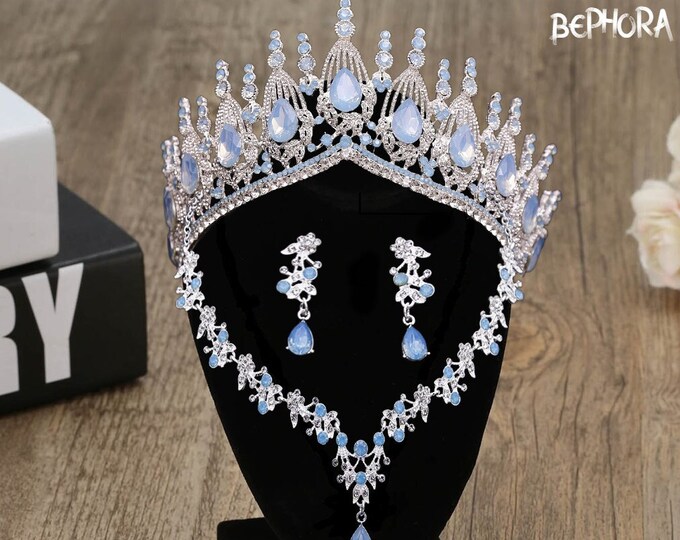Light Blue Opal Bridal Tiara - Quinceanera Crown, Sweet 15 Crown, Baby Blue Quince Crown, Opal Jewelry Set Necklace Earrings, Wedding Set