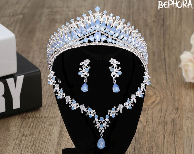 Enchanting Light Blue Opal Bridal Tiara - Quinceanera Crown, Baby Blue Sweet 15 Crown, Opal Jewelry Set Necklace Earrings, Wedding Set Gifts