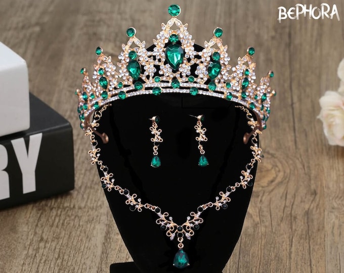 Green and Gold Tiara Set - Bridal Headpiece, Gold Hair Piece, Wedding Headband, Wedding Hair Piece, Bridal Headband Hair, Birthday Tiara