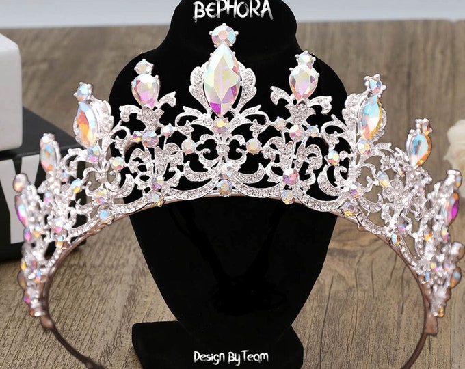Regal Iridescent Bridal Tiara - Gold Quince Crown with AB Crystals - Luxurious Wedding Headpiece - Perfect Sweet 16 Present, Unique Sweet 16